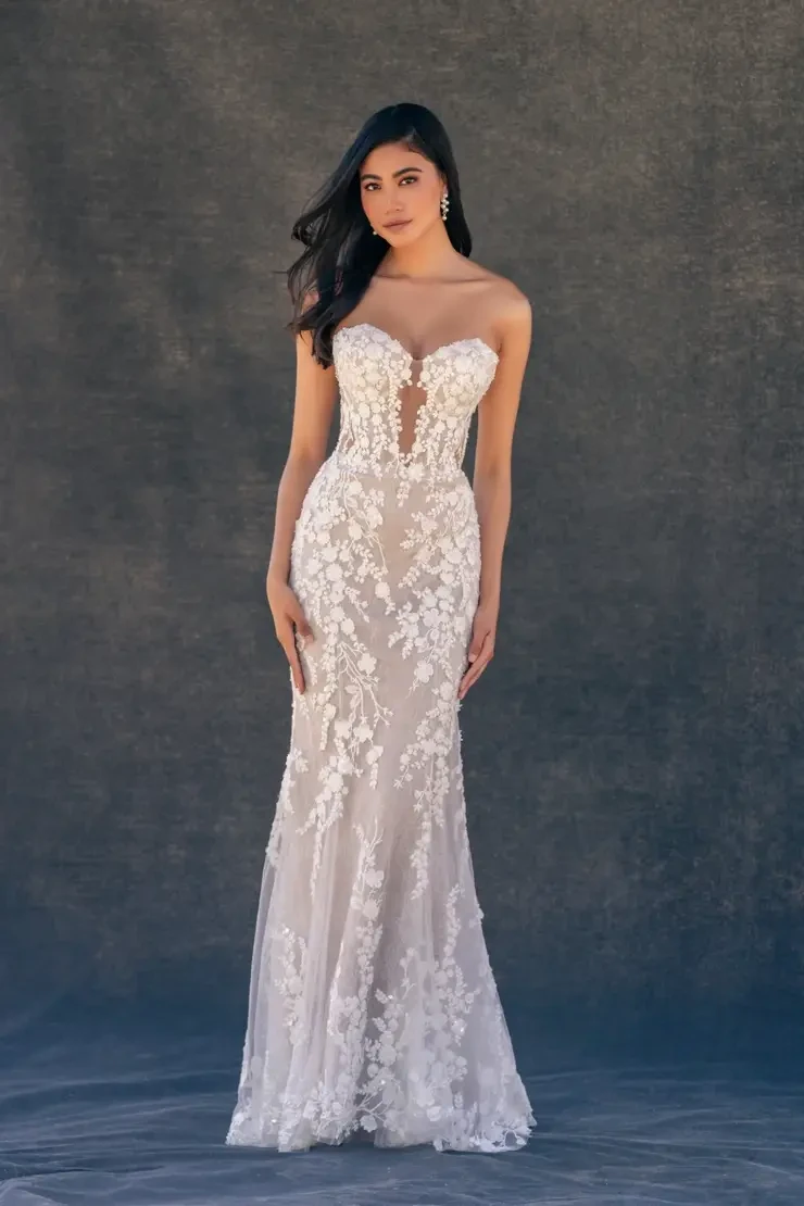 model is wearing a strapless sheath wedding dress with detachable sleeves