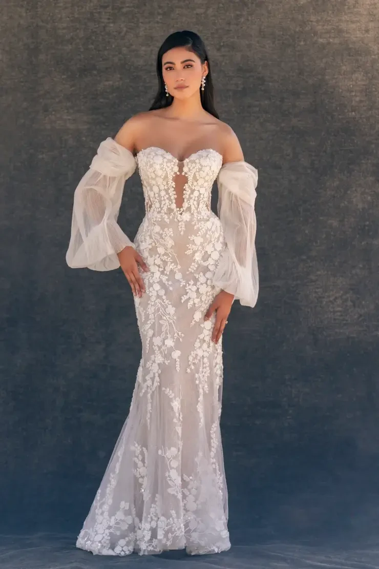 model is wearing a strapless sheath wedding dress with detachable sleeves